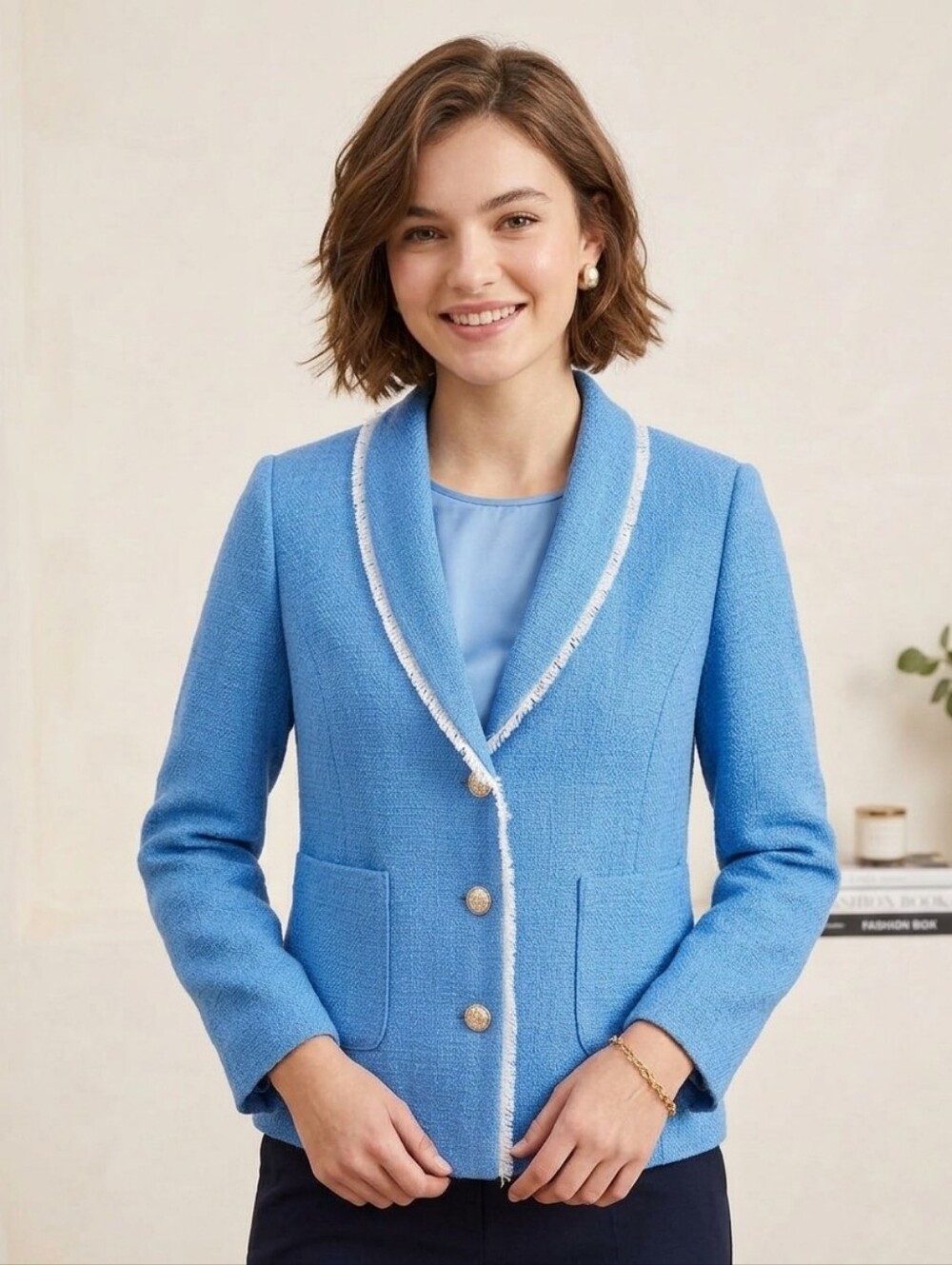 NWT Graver by Susan Graver Blue Tweed Fringed Blazer - Plus 18W